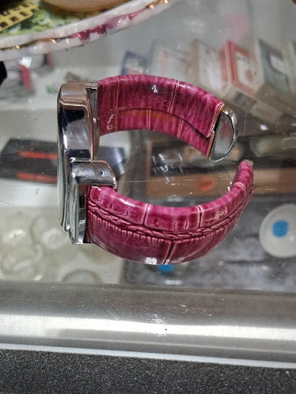 Geneva Silver-Tone Case Watch with Pink Strap